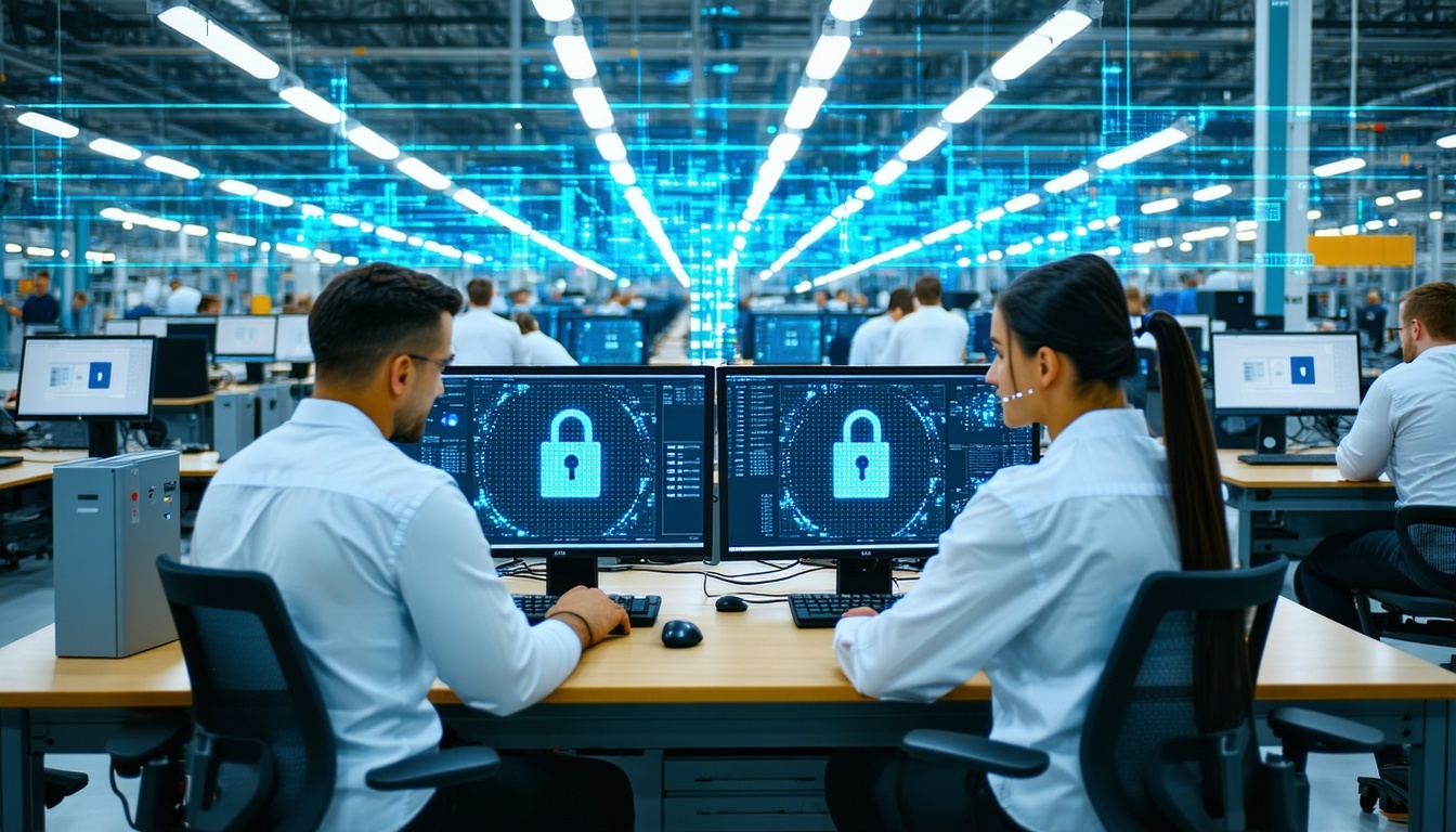 A manufacturing plant with IT managers working on