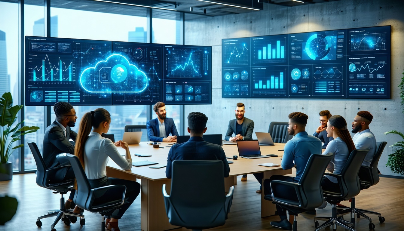 A professional office environment featuring a diverse team of cybersecurity experts engaged in a collaborative meeting. The room is equipped with mode