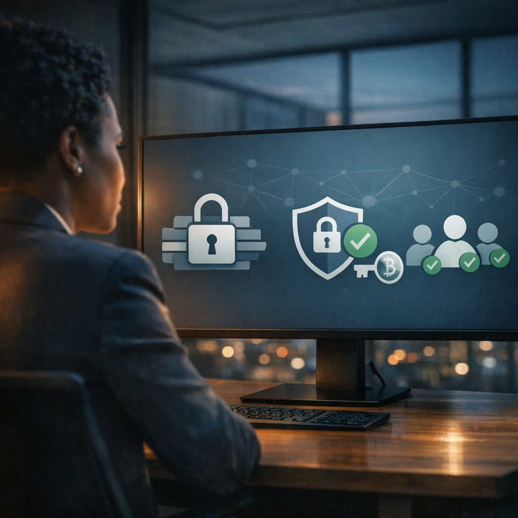 Here’s a cinematic cybersecurity workspace scene with an over-the-shoulder view, warm desk-light contrast, and a clean security dashboard focused on i